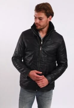 Lee Cooper Long Jacket With Collar Shirt - 2 SplitSide Pockets - Fr - Leren Jas - Black