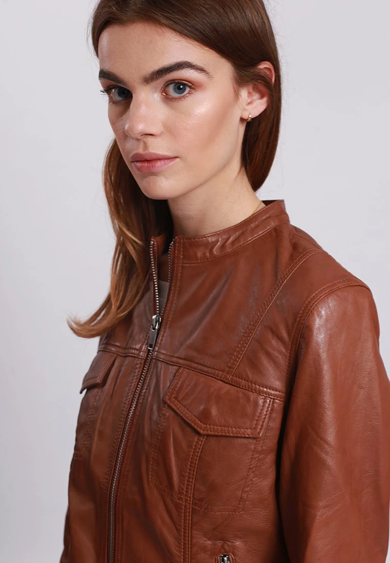 Lee Cooper Leather Jacket With Round Collar - 2 Zipped Side Pockets - - Leren Jas - Cognac 6 Lee Cooper Leather Jacket With Round Collar - 2 Zipped Side Pockets - - Leren Jas - Cognac - Afbeelding 4