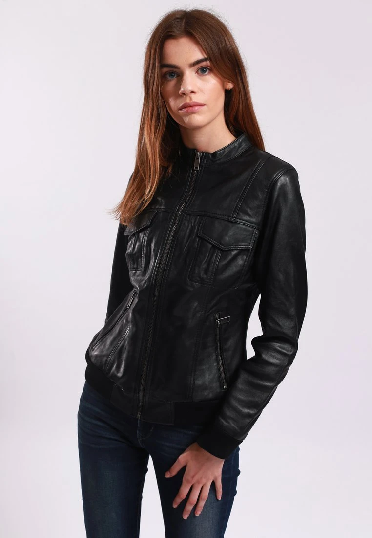 Lee Cooper Leather Jacket With Round Collar - 2 Zipped Side Pockets - - Leren Jas - Black 3 Lee Cooper Leather Jacket With Round Collar - 2 Zipped Side Pockets - - Leren Jas - Black