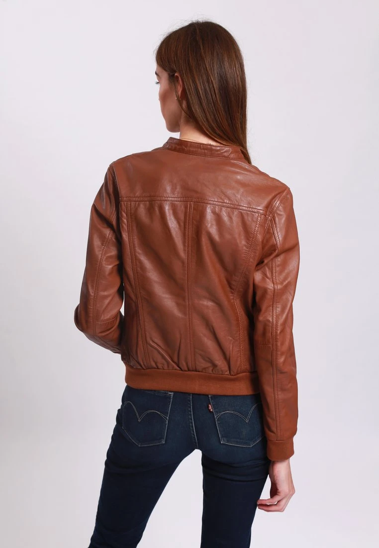 Lee Cooper Leather Jacket With Round Collar - 2 Zipped Side Pockets - - Leren Jas - Cognac 5 Lee Cooper Leather Jacket With Round Collar - 2 Zipped Side Pockets - - Leren Jas - Cognac - Afbeelding 3