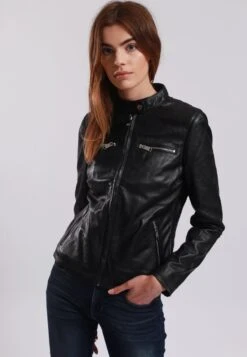 Lee Cooper Leather Jacket With Round Collar And Push Button Closure - - Leren Jas - Black