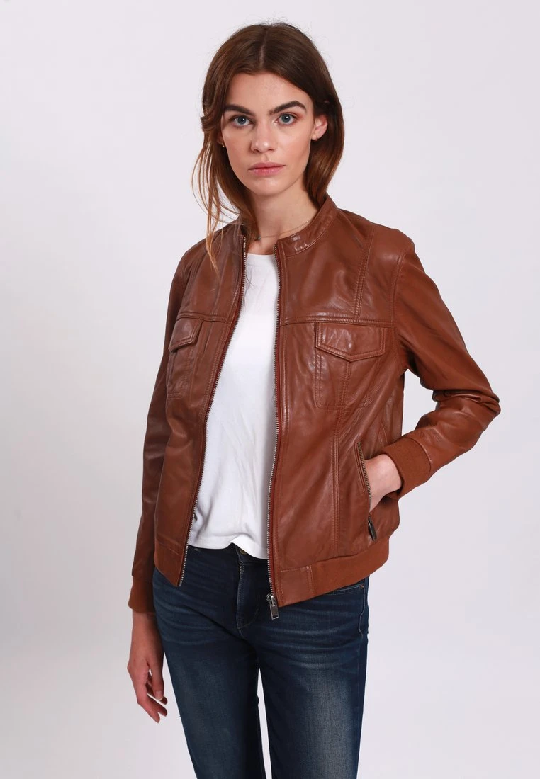 Lee Cooper Leather Jacket With Round Collar - 2 Zipped Side Pockets - - Leren Jas - Cognac 3 Lee Cooper Leather Jacket With Round Collar - 2 Zipped Side Pockets - - Leren Jas - Cognac
