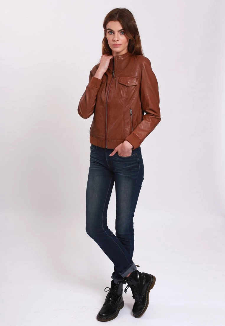 Lee Cooper Leather Jacket With Round Collar - 2 Zipped Side Pockets - - Leren Jas - Cognac 4 Lee Cooper Leather Jacket With Round Collar - 2 Zipped Side Pockets - - Leren Jas - Cognac - Afbeelding 2
